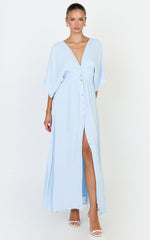 Sitting Pretty Maxi Dress - Short Sleeve Button Down Dress in Light Blue