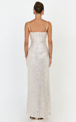 Cora Maxi Dress - Corset Bodice Draped Skirt Sequin Dress in Nude