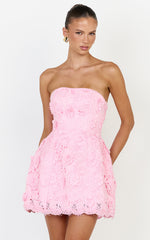 Maristella Mini Dress - Strapless Lace Up Back A Line Dress in Pink
