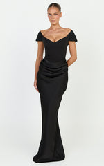 Kailani Maxi Dress - Off Shoulder Plunge Draped Skirt Dress in Black