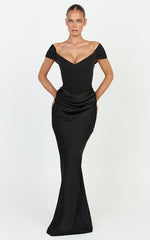 Kailani Maxi Dress - Off Shoulder Plunge Draped Skirt Dress in Black