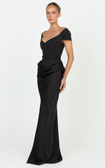 Kailani Maxi Dress - Off Shoulder Plunge Draped Skirt Dress in Black