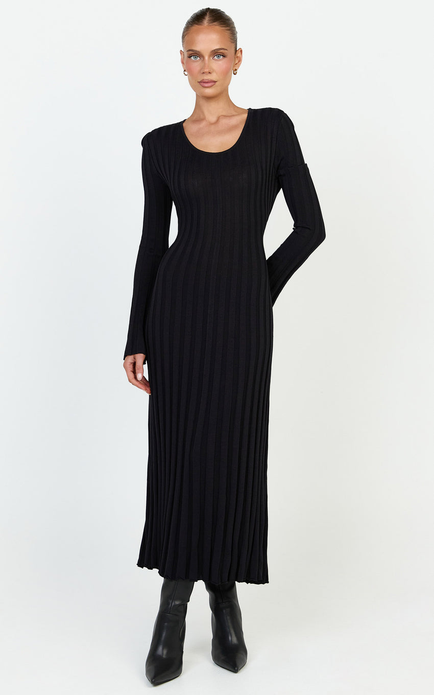 Blaire Midi Dress - Long Sleeve Tie Back Flare Dress in Black