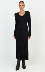 Blaire Midi Dress - Long Sleeve Tie Back Flare Dress in Black