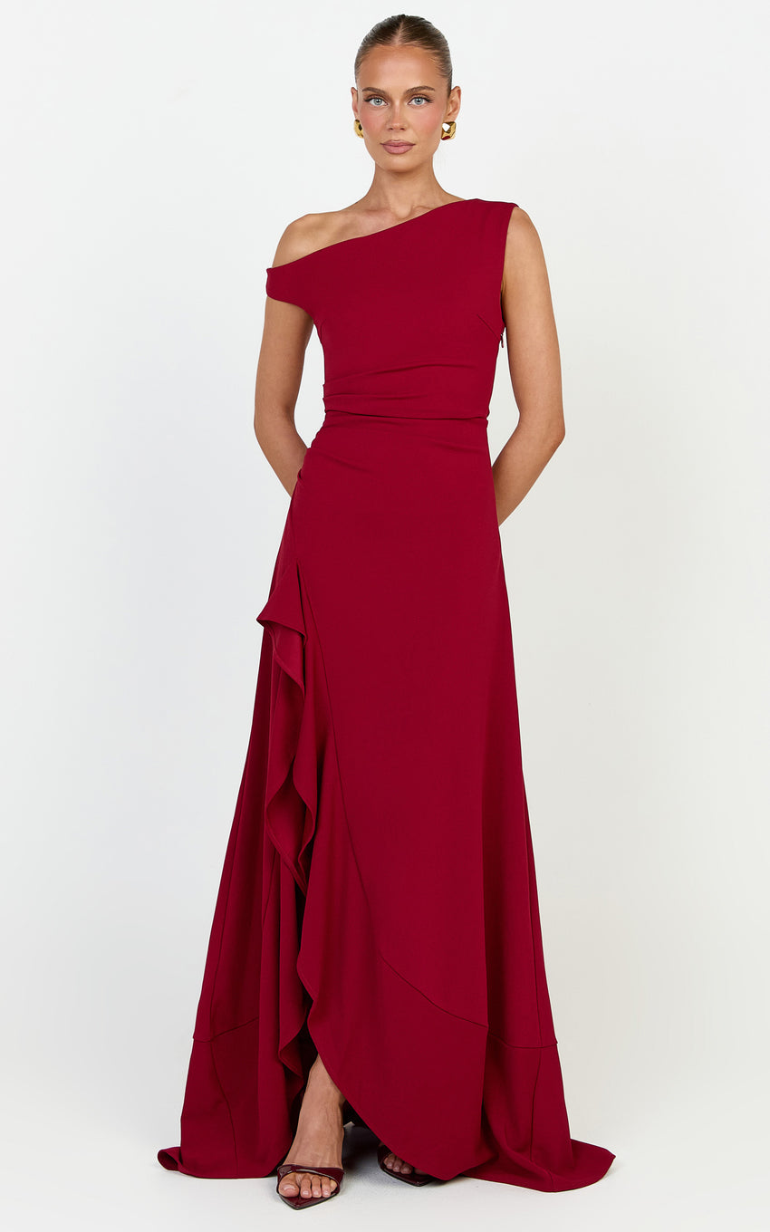 Serafina Maxi Dress - Off Shoulder High Side Split Dress in Wine