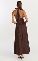 Everly Midi Dress - Tie Halter Neck Button Down Bodice Fit And Flare Dress in Chocolate