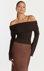 Darcie Top - Off Shoulder Long Sleeve Knit Top in Chocolate