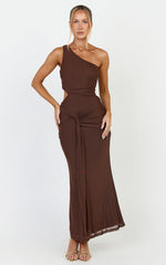Mandy Midi Dress - Knot Detail Cut Out Mesh Dress in Chocolate