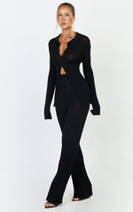 Ezra Two Piece Set - Knitted Button Down Long Sleeve Top and High Waist Pants Set in Black