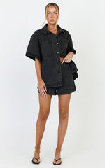 Iris Top - Oversized Recycled Denim Short Sleeve Shirt in Black