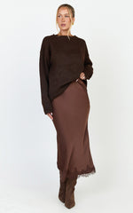 Ava Midi Skirt - Mid Waist Lace Trim Slip Skirt in Chocolate