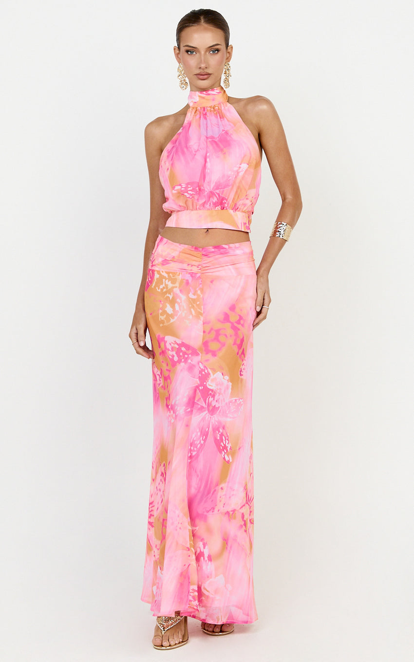 Nova Maxi Skirt - Gathered Waist Skirt in Hot House Orchid Print