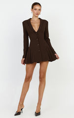 Bea Mini Dress - Collared Long Sleeve Fit And Flare Pleated Dress in Dark Chocolate