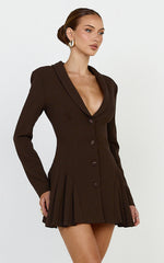 Bea Mini Dress - Collared Long Sleeve Fit And Flare Pleated Dress in Dark Chocolate