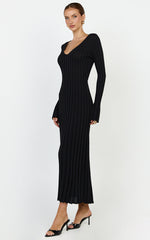 Astra Maxi Dress - V Neck Long Sleeve Knit Dress in Black