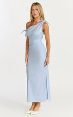 Cincinnati Midi Dress - Off The Shoulder Side Split Column Linen Dress in Pale Blue