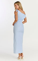 Cincinnati Midi Dress - Off The Shoulder Side Split Column Linen Dress in Pale Blue