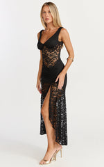 Tatum Midi Dress - Lace Off Shoulder Side Split Dress in Black
