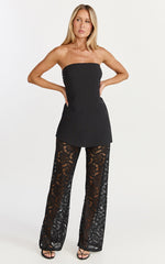 Chloe Two Piece Set - Strapless Longline Top and Lace Pant Set in Black