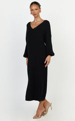 Kartia Midi Dress - V Neck Knit Dress in Black