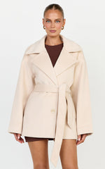 Dahlia Coat - Single Breasted Belted Short Wool Like Coat in Beige