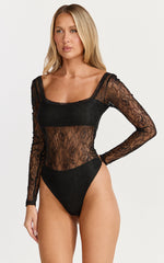Cynthia Bodysuit - Long Sleeve Lace Bodysuit in Black