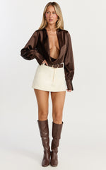 Zephyr Bodysuit - Plunge Neck Cowl Bodysuit in Chocolate