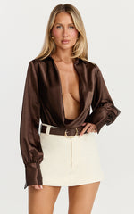 Zephyr Bodysuit - Plunge Neck Cowl Bodysuit in Chocolate