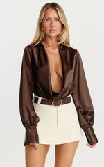 Zephyr Bodysuit - Plunge Neck Cowl Bodysuit in Chocolate