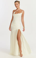 Flynn Maxi Dress - Asymmetric Neck Sheer Skirt Dress in Ivory