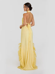 Feather Trim Halter Chiffon Maxi Dress