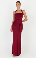 Amaya Maxi Dress - Draped Sash Halter Dress in Burgundy