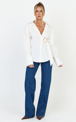 Heloise Top - Wrap Front Buckle and Tie Detail LS Shirt in White