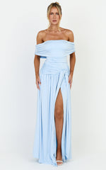 Bree Maxi Dress - Off Shoulder Draped Sash Dress in Blue