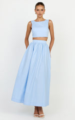 Billie Two Piece Top and Skirt Set - Tie Back Top with Full Maxi Skirt in Blue