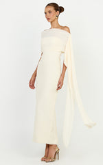 Elina Maxi Dress - Off Shoulder Contrast Mesh Draped Overlay Dress in Cream