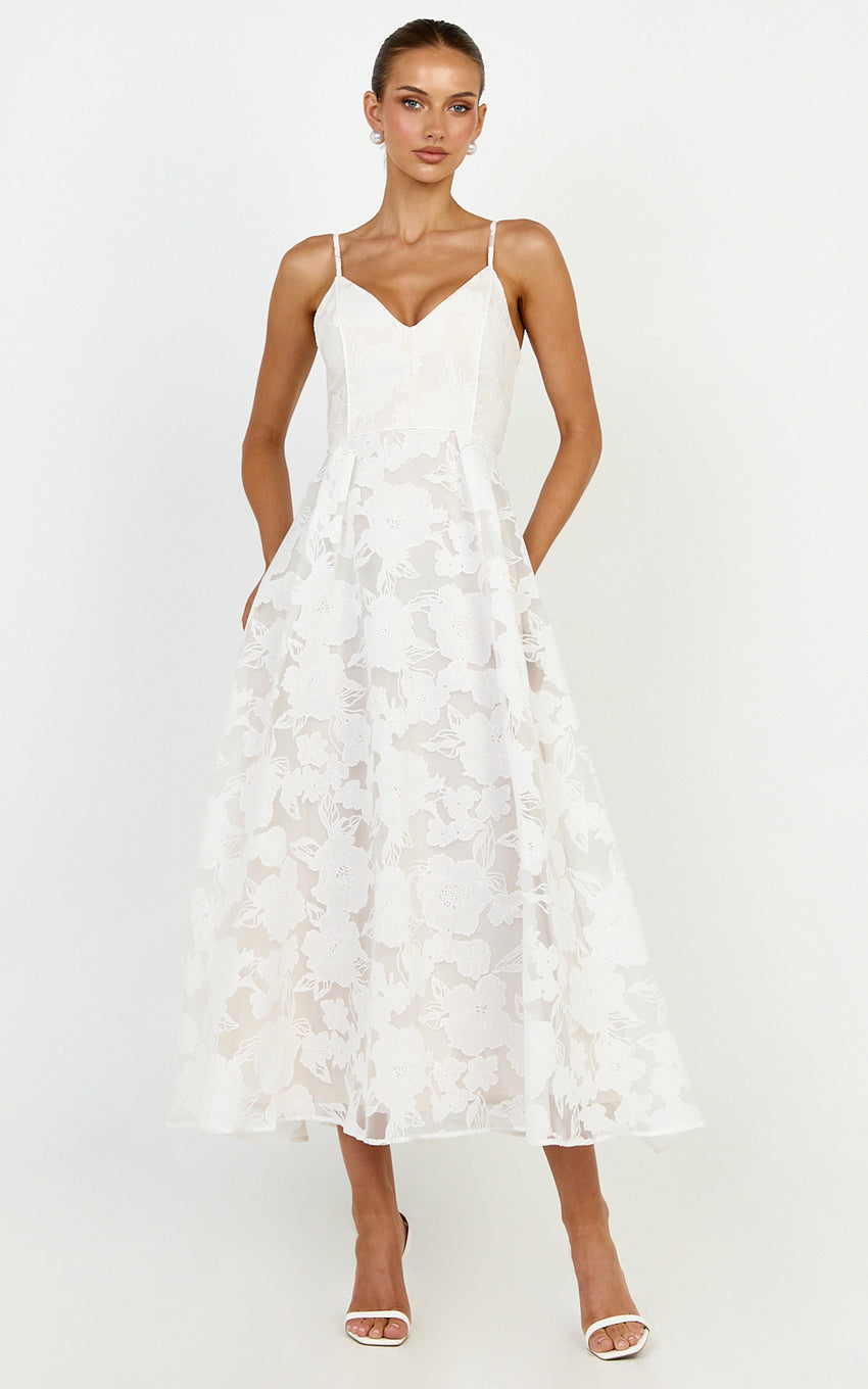 Philine Midi Dress - Jacquard Plunge Fit and Flare Dress in White