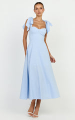 Tymia Midi Dress - Shoulder Tie Bustier Shirred Back A Line in Pastel Blue
