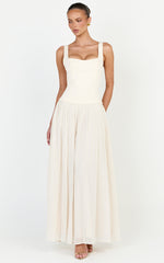 Amoura Maxi Dress - Square Neck Contrast Pleated Georgette Dress in Cream