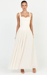 Amoura Maxi Dress - Square Neck Contrast Pleated Georgette Dress in Cream