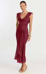 Zena Midi Dress - Cowl Neck Tie Detail Dress in Wine