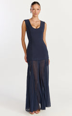Frances Maxi Dress - Contrast U Neck Godet A Line Dress in Navy