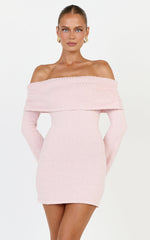 Pietra Mini Dress - Knitted Off Shoulder Dress in Pink