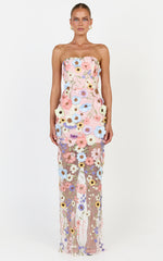 Sienna Maxi Dress - 3D Floral Strapless Column Dress in Multi