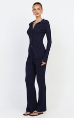 Kelsey Top - Button Through Long Sleeve Knit Top in Navy