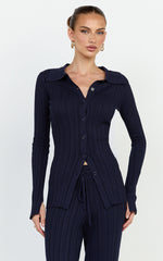 Kelsey Top - Button Through Long Sleeve Knit Top in Navy