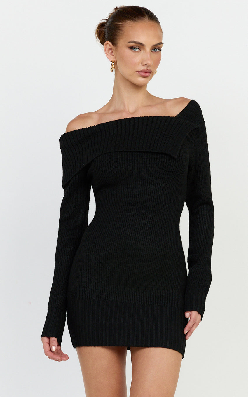 Tess Mini Dress - Asymmetric Off Shoulder Long Sleeve Knit Dress in Black