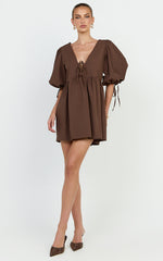 Rosita Mini Dress - Tie Front Puff Sleeve Dress in Chocolate
