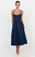 Prisha Midi Dress - Recycled Denim Fit and Flare Dress in Indigo Wash