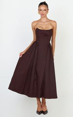 Amara Midi Dress - Strapless Fit And Flare Dress in Chocolate